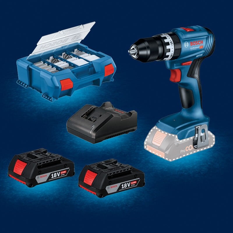 BOSCH GSB 18 V-45 Profesyonel 18 Volt 2x2.0 Ah Çift Akülü Darbeli Delme Vidalama + 63 Parça Bosch Vidalama Ucu Seti (Kömürsüz Motor) (Plastik Çanta İçerisinde) 0 615 A50 07G