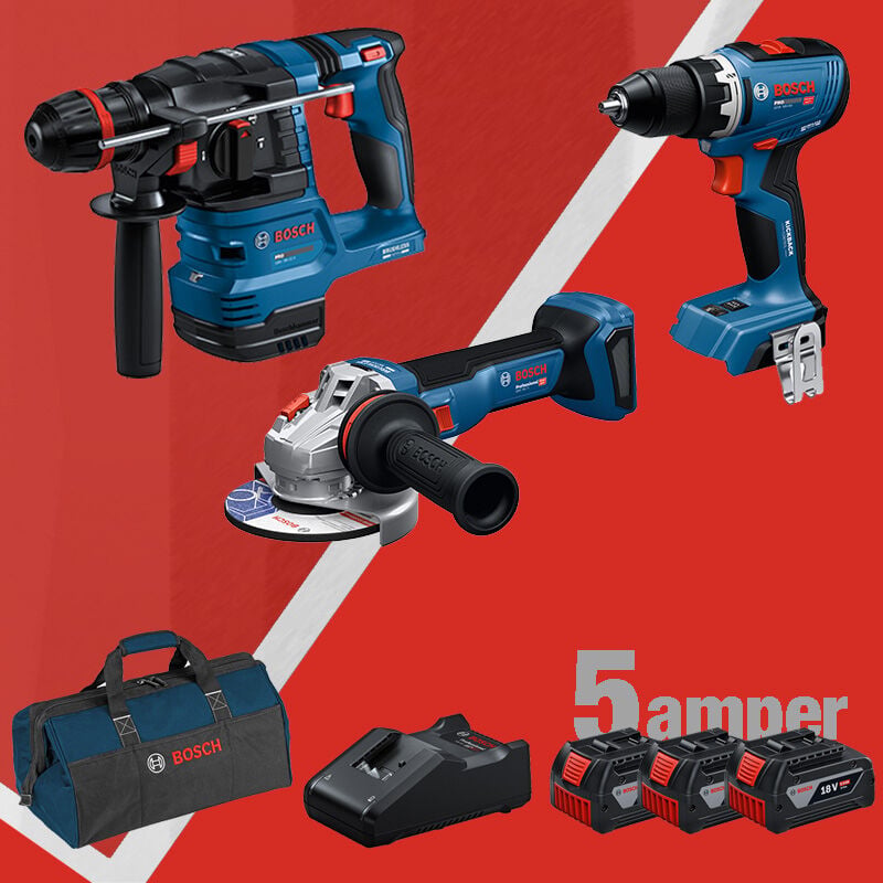 3x5.0 Ah BOSCH 3'lü Set GBH 18 V-22 X (Kömürsüz) 18 Volt Akülü Kırıcı Delici + GWS 18 V-11 18 Volt Akülü 115 mm. Avuç Taşlama (1.100 W) (Kömürsüz) + GSR 18 V-65 18 Volt Akülü Delme Vidalama (Kömürsüz)