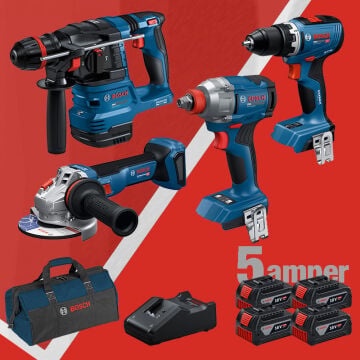 4x5.0 Ah BOSCH 4'lü Set GBH 18 V-22X (Kömürsüz) 18V Akülü Kırıcı Delici + GWS 18 V-11 (Kömürsüz) 18V Akülü 115 mm. Avuç Taşlama (1.100 W) + GSR 18 V-65 (Kömürsüz) 18V Akülü Delme Vidalama + GDX 18 V-285 (Kömürsüz) 18V Akülü Darbeli Somun Sıkma Vidalama