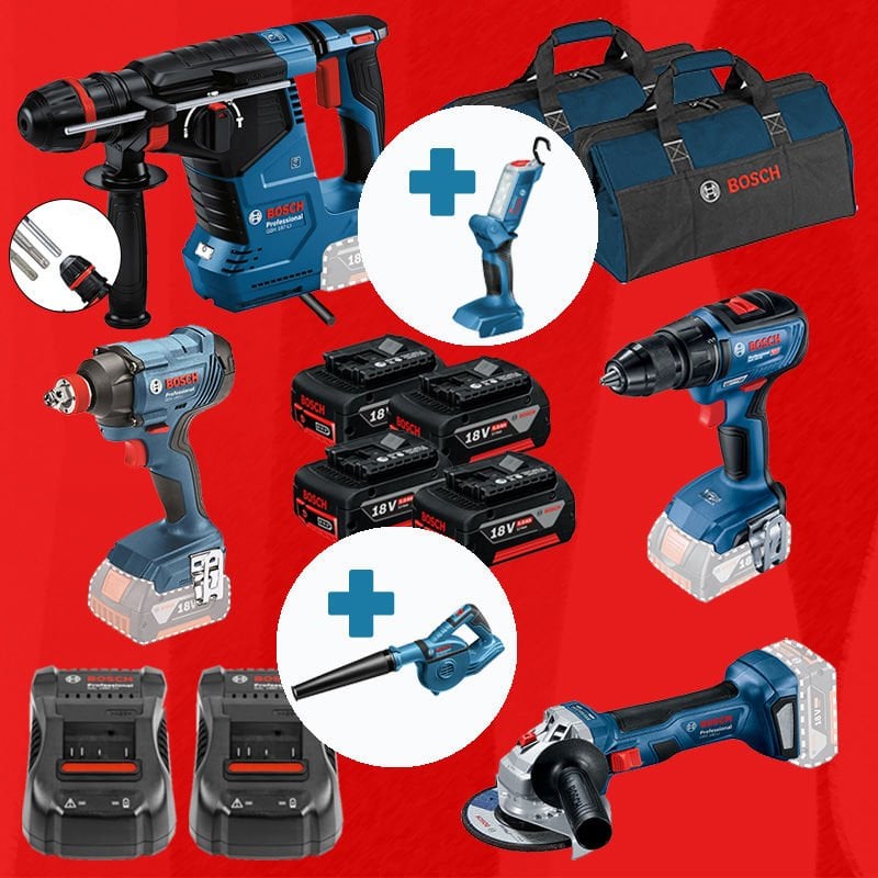 BOSCH GLI 18 V-300 ve GBL 18 V-120 Hediyeli BOSCH ProMixEco BOSCH GBH 187-LI ONE Chuck Mandren (Kömürsüz Motor -  2,4 Joule) + BOSCH GSR 18 V-50 (Kömürsüz) + BOSCH GDX 180-LI + GWS 180