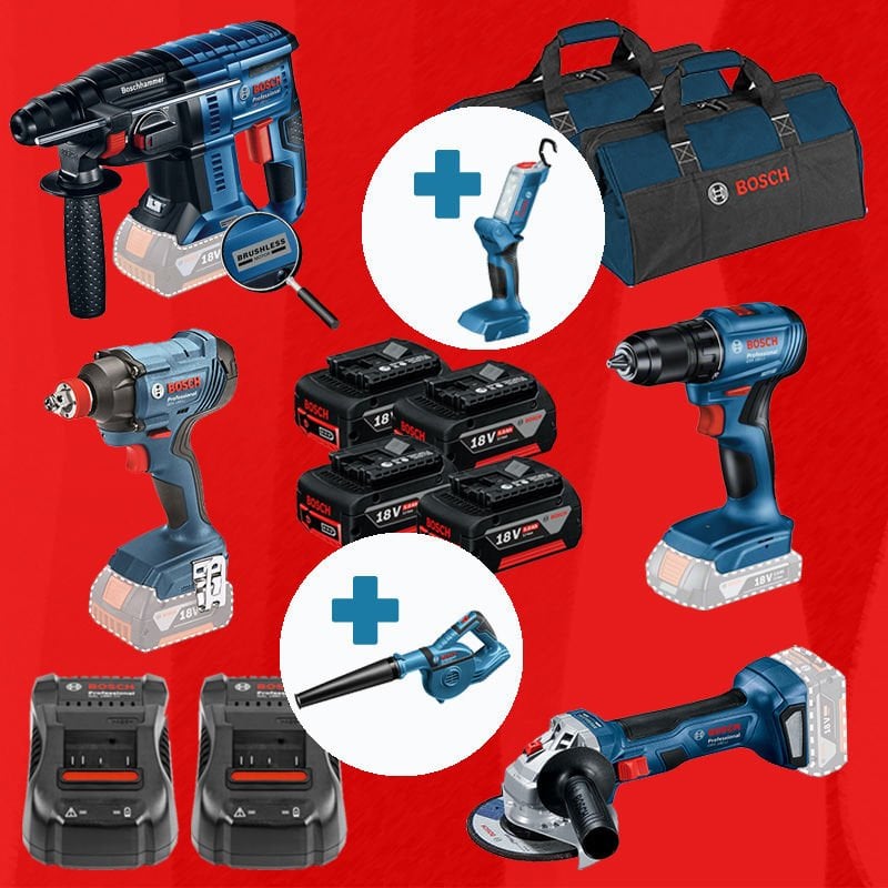 BOSCH GLI 18 V-300 ve GBL 18 V-120 Hediyeli BOSCH ProMixEco BOSCH GBH 180-LI (Kömürsüz Motor -  2 Joule - Yeni Nesil) + BOSCH GSR 185-LI (Kömürsüz) + BOSCH GDX 180-LI + BOSCH GWS 180-LI (700 W Eşdeğerinde) (Kömürsüz)