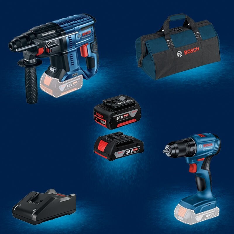 BOSCH GBH 180-LI (Kömürsüz Motor -  2 Joule - Yeni Nesil) 18 Volt Akülü Kırıcı  Delici + BOSCH GSR 185-LI Profesyonel 18 Volt Akülü Delme Vidalama (Kömürsüz Motor) 1 x 5,0 Ah + 1 x 2,0 Ah Çift Akülü Set