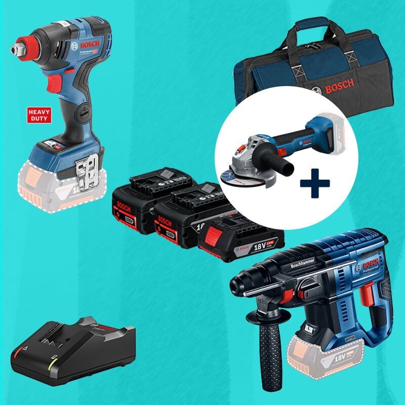 BOSCH GBH 180-LI (Kömürsüz) 18 Volt Akülü Kırıcı Delici + BOSCH GDX 18 V-200 C (Kömürsüz) 18 Volt Akülü Darbeli Somun Sıkma + BOSCH GWS 18 V-8 18 Volt Akülü 125 mm. Avuç Taşlama (800 W Eşdeğerinde) (Kömürsüz) 2 x 5,0 Ah + 1 x 2,0 Ah Üç Akülü Set