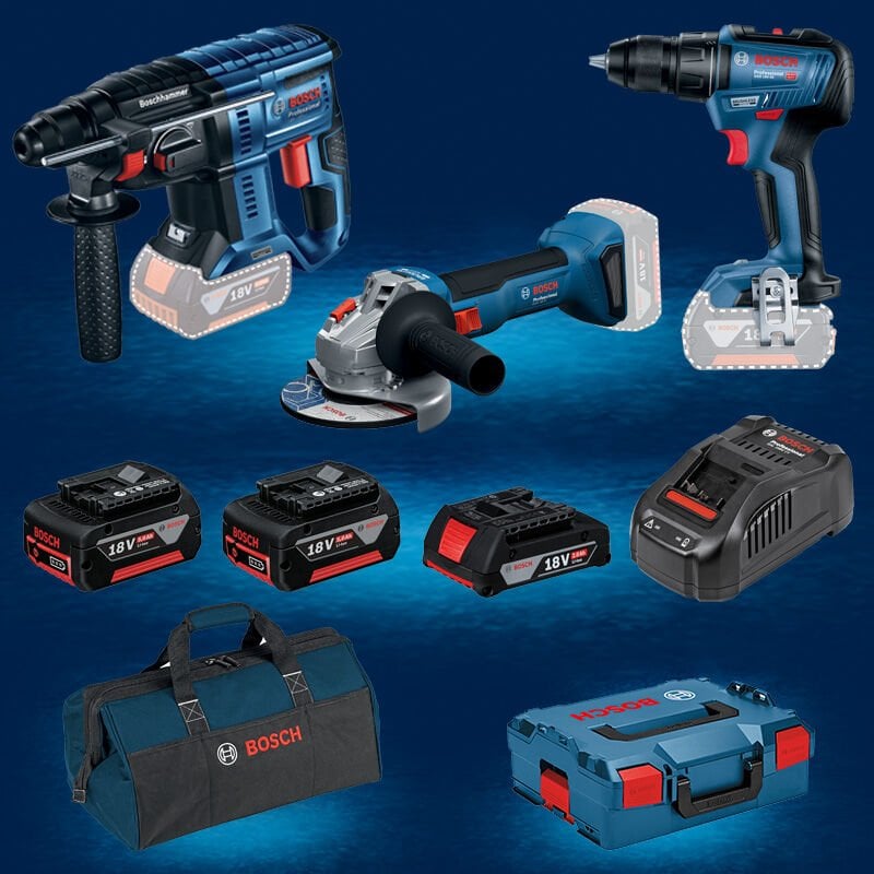 BOSCH GSR 18 V-50 18 Volt Akülü Delme Vidalama (Kömürsüz) + BOSCH GWS 18 V-8 18 Volt Akülü 125 mm. Avuç Taşlama (800 W Eşdeğerinde) (Kömürsüz) + BOSCH GBH 180-LI (Kömürsüz) 18 Volt Akülü Kırıcı Delici 2 x 5,0 Ah + 1 x 2,0 Ah Üç Akülü Set