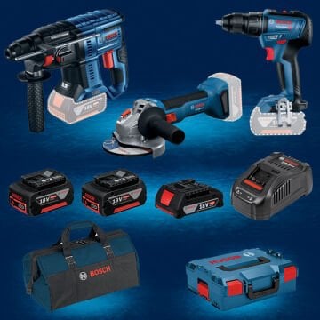 BOSCH GSR 18 V-50 18 Volt Akülü Delme Vidalama (Kömürsüz) + BOSCH GWS 18 V-8 18 Volt Akülü 125 mm. Avuç Taşlama (800 W Eşdeğerinde) (Kömürsüz) + BOSCH GBH 180-LI (Kömürsüz) 18 Volt Akülü Kırıcı Delici 2 x 5,0 Ah + 1 x 2,0 Ah Üç Akülü Set
