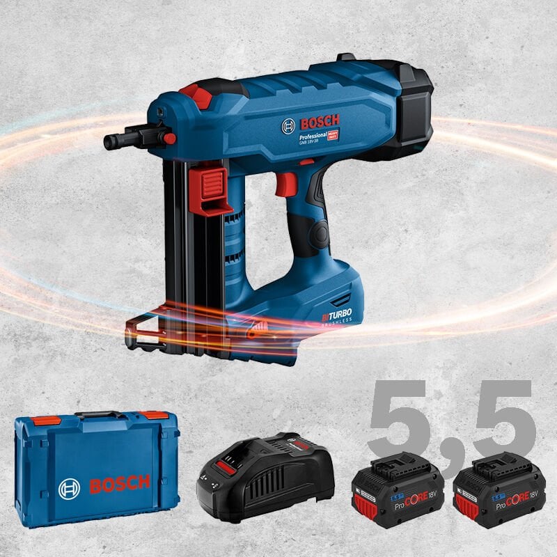 BOSCH GNB 18 V-38 Profesyonel BITURBO Kömürsüz Motor 18 Volt ProCORE 5,5 Ah Çift Akülü Çivi Çakma Tabancası (Bez Çanta İçerisinde)