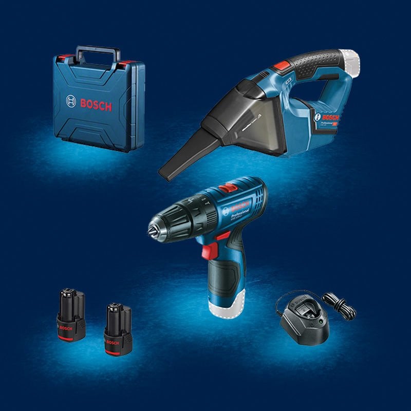 BOSCH GSB 120-LI Profesyonel 12 Volt 2,0 Ah Çift Akülü Delme Vidalama (Plastik Çanta İçerisinde) + BOSCH GAS 12 V Profesyonel 12 Volt Akülü El Süpürgesi (Karton Kutu İçerisinde) (Solo Makina)