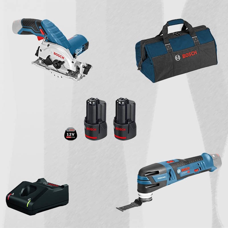 ProMix BOSCH GOP 12V-28 Profesyonel 12 Volt Akülü Raspalama Makinesi (Kömürsüz) + BOSCH GKS 12V-26 Profesyonel 12 Volt Akülü Daire Testere