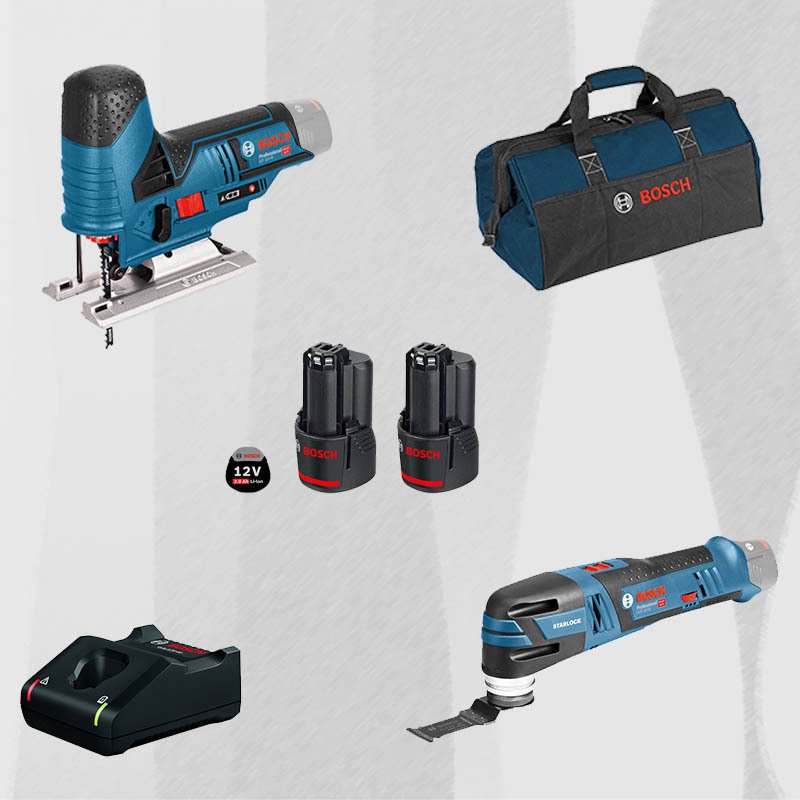 ProMix BOSCH GOP 12V-28 Profesyonel 12 Volt Akülü Raspalama Makinesi (Kömürsüz) + BOSCH GST 12V-70 Profesyonel 12 Volt Akülü Dekupaj