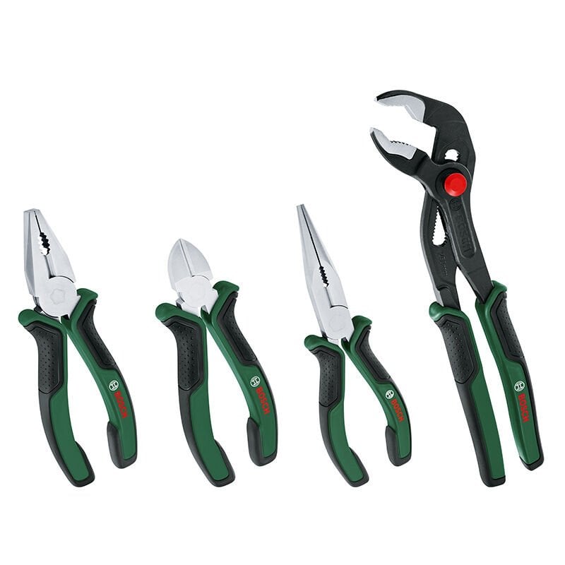 BOSCH (Ev & Bahçe Kullanımı) Pense Seti 4 Parça (Kargaburun, Yan Keski, Pense, Boru Anahtarı) (1 600 A02 W7K)