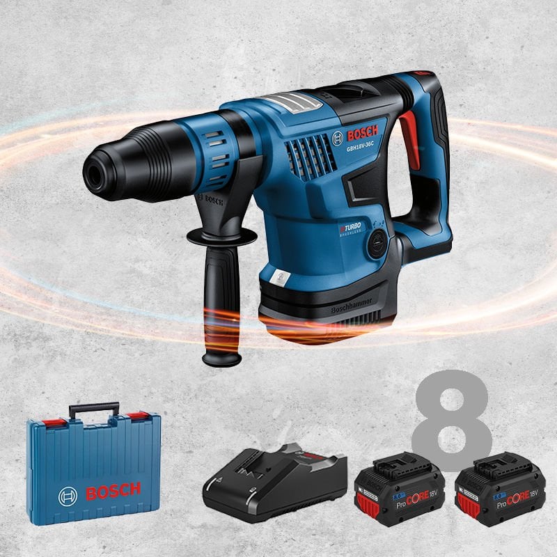 BOSCH GBH 18 V-36 C Profesyonel SDS-Max BITURBO Kömürsüz Motor 18 Volt ProCORE 8,0 Ah Çift Akülü Kırıcı-Delici (Plastik Çanta İçerisinde)