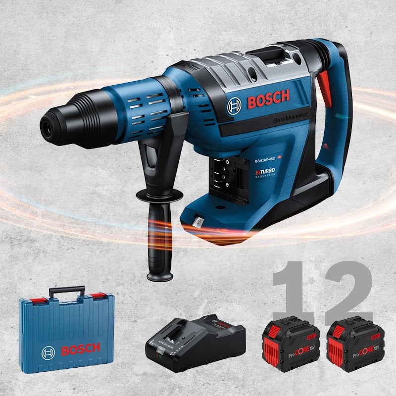 BOSCH GBH 18 V-45 C Profesyonel SDS-Max BITURBO Kömürsüz Motor 18 Volt ProCORE 12 Ah Çift Akülü Kırıcı-Delici (Plastik Çanta İçerisinde)