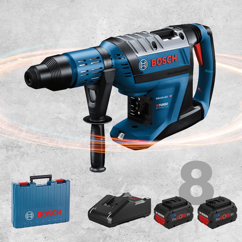 BOSCH GBH 18 V-45 C Profesyonel SDS-Max BITURBO Kömürsüz Motor 18 Volt ProCORE 8,0 Ah Çift Akülü Kırıcı-Delici (Plastik Çanta İçerisinde)