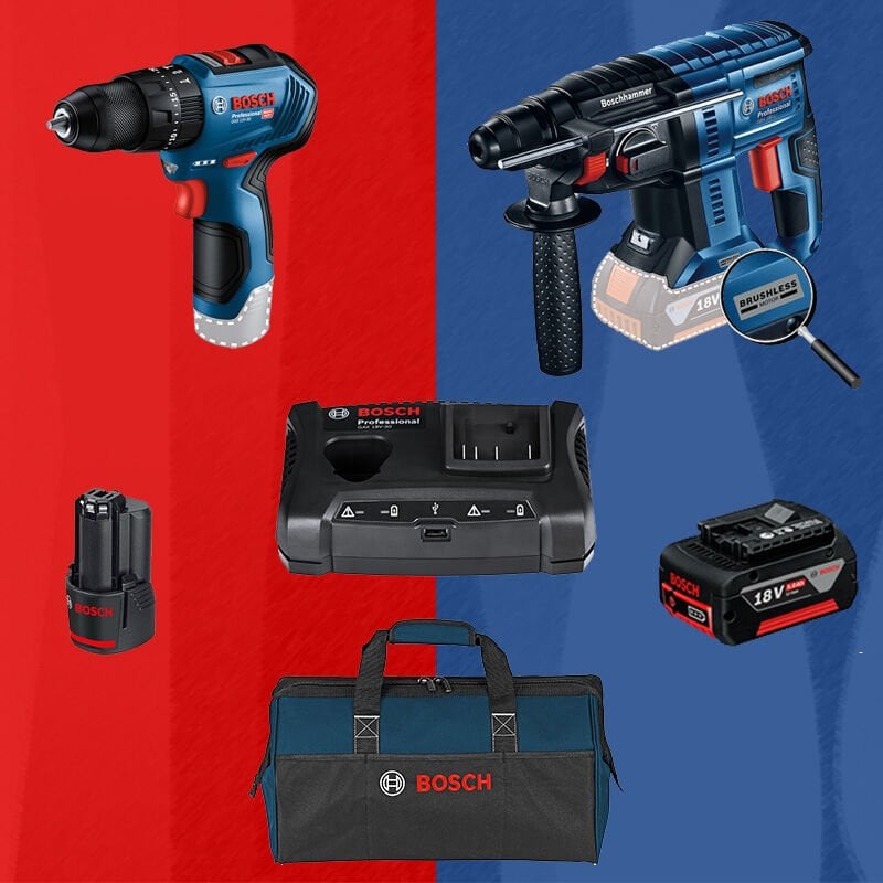 BOSCH GBH 180-LI (Kömürsüz Motor - 2 Joule - Yeni Nesil) 18 Volt Akülü Kırıcı Delici + GSB 12 V-30 12 Volt Akülü Darbeli Delme Vidalama (Metal Mandren)(Kömürsüz) ProMix COMBO Set