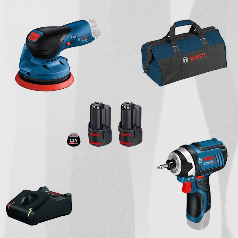 ProMix BOSCH GEX 12 V-125 12 Volt Akülü Eksantrik Zımpara (Kömürsüz Motor) + BOSCH GDR 12V-105 LI Profesyonel Akülü Darbeli Somun Sıkma
