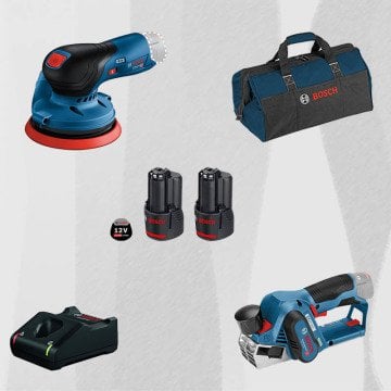 ProMix BOSCH GEX 12 V-125 12 Volt Akülü Eksantrik Zımpara (Kömürsüz Motor) + BOSCH GHO 12 V-20 Profesyonel 12 Volt Akülü Planya (Kömürsüz)