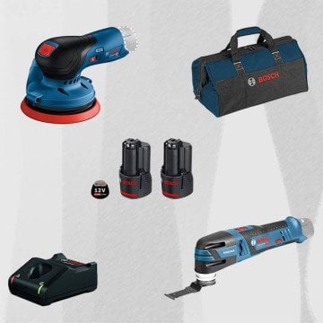 ProMix BOSCH GEX 12 V-125 12 Volt Akülü Eksantrik Zımpara (Kömürsüz Motor) + BOSCH GOP 12V-28 Profesyonel 12 Volt Akülü Raspalama Makinesi (Kömürsüz)