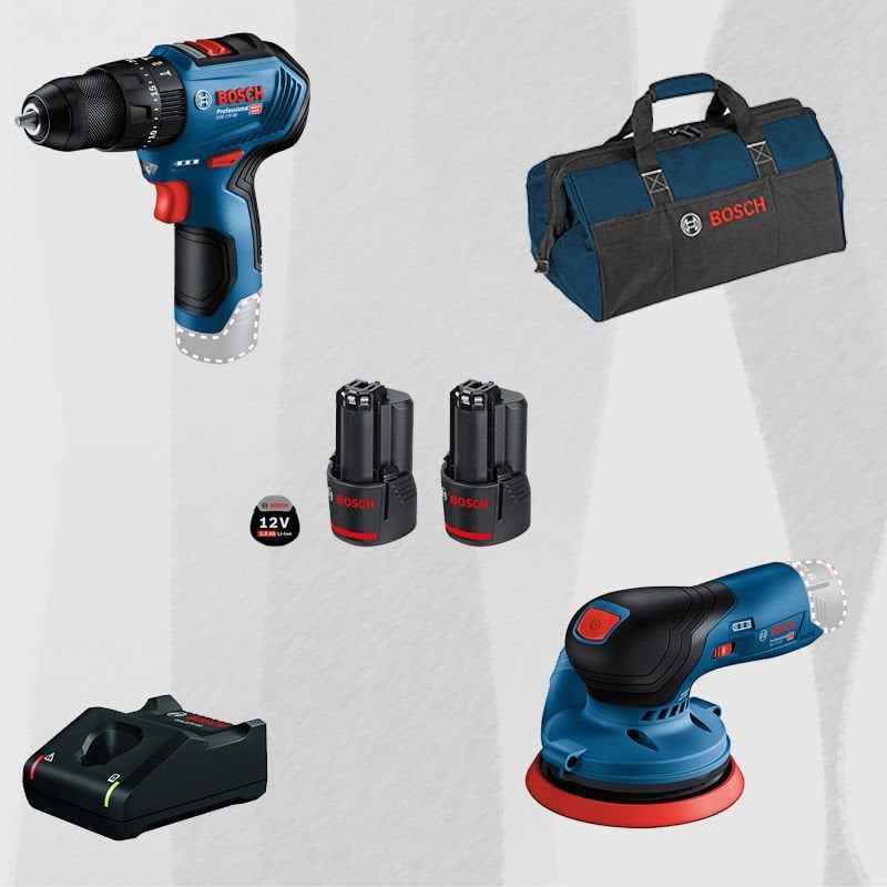 ProMix BOSCH GEX 12 V-125 12 Volt Akülü Eksantrik Zımpara (Kömürsüz Motor) + BOSCH GSB 12 V-30 Profesyonel 12 Volt Akülü Darbeli Delme Vidalama (Metal Mandren)(Kömürsüz)