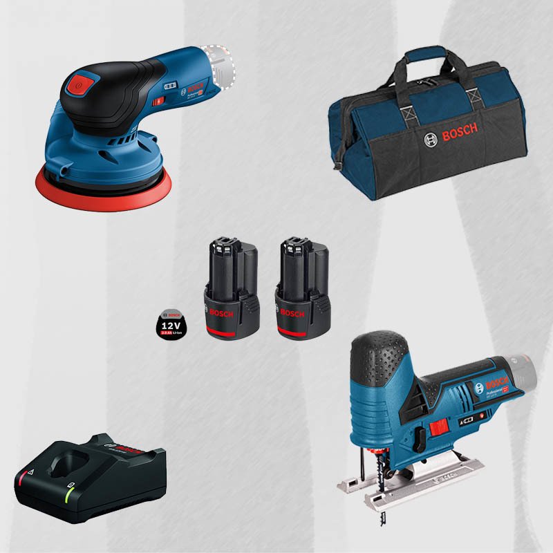 ProMix BOSCH GEX 12 V-125 12 Volt Akülü Eksantrik Zımpara (Kömürsüz Motor) + BOSCH GST 12V-70 Profesyonel 12 Volt Akülü Dekupaj