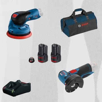 ProMix BOSCH GEX 12 V-125 12 Volt Akülü Eksantrik Zımpara (Kömürsüz Motor) + BOSCH GWS 12V-76 LI Profesyonel Akülü Avuç Taşlama (Kömürsüz)