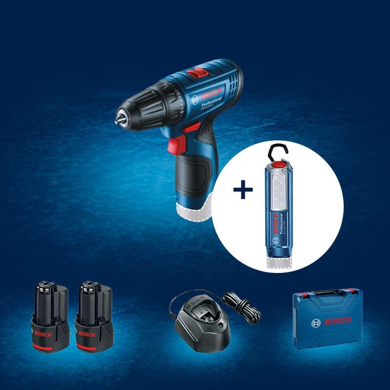 BOSCH GSR 120-LI Profesyonel 12 Volt Delme Vidalama + BOSCH GLI 12 V-300 Profesyonel 12 Volt Akülü Fener 2.0 Ah Çift Akülü Set (Plastik Çanta İçerisinde) 0 601 9G8 004