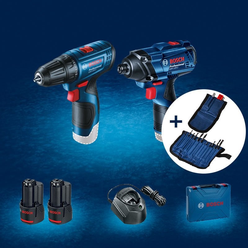 BOSCH GSR 120-LI Profesyonel 12 Volt Akülü Delme Vidalama + BOSCH GDR 120-LI Profesyonel 12 Volt Akülü Somun Sıkma  2x2,0 Ah. Çift Akülü Set (Plastik Çanta İçerisinde) 0 601 9G8 023
