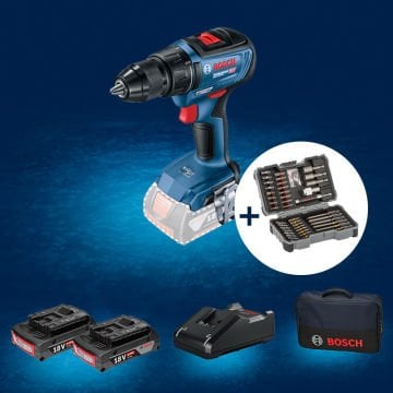 BOSCH GSR 18 V-50 Profesyonel 18 Volt 2.0 Ah Çift Akülü Vidalama (Kömürsüz Motor) (Bez Çanta İçerisinde) + 43 Parça Bosch Vidalama Ucu Seti 0 601 9H5 004