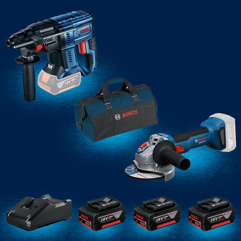 BOSCH GBH 180-LI (Kömürsüz Motor -  2 Joule - Yeni Nesil) 18 Volt Akülü Kırıcı  Delici + BOSCH GWS 18 V-8 Profesyonel 18 Volt Akülü 125 mm. Avuç Taşlama (800 W Eşdeğerinde) (Kömürsüz Motor) + 3 x BOSCH GBA 18 V 5.0 Ah Li-Ion Akülü Set