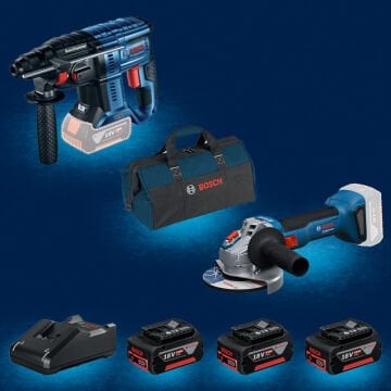 BOSCH GBH 180-LI (Kömürsüz Motor -  2 Joule - Yeni Nesil) 18 Volt Akülü Kırıcı  Delici + BOSCH GWS 18 V-8 Profesyonel 18 Volt Akülü 125 mm. Avuç Taşlama (800 W Eşdeğerinde) (Kömürsüz Motor) + 3 x BOSCH GBA 18 V 5.0 Ah Li-Ion Akülü Set