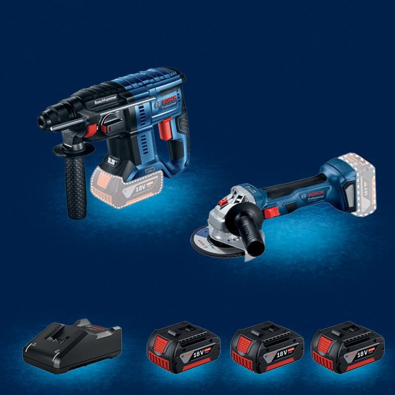 BOSCH GBH 180-LI (Kömürsüz Motor -  2 Joule - Yeni Nesil) 18 Volt Akülü Kırıcı  Delici + BOSCH GWS 180-LI Profesyonel 18 Volt Akülü 125 mm. Avuç Taşlama (700 W Eşdeğerinde) (Kömürsüz Motor) + 3 x BOSCH GBA 18 V 4 Ah Li-Ion Akülü Set