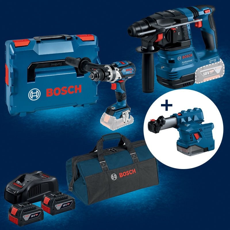 BOSCH GBH 185-LI Profesyonel 18 Volt Akülü Kırıcı Delici (Kömürsüz Motor) + BOSCH GSB 18 V-110 C Profesyonel Akülü Darbeli Delme Vidalama (Kömürsüz Motor) (BOSCH GDE 12 Profesyonel Toz Emme Sistemi Hediyeli)