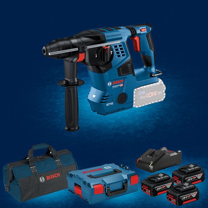 BOSCH GBH 18 V-28 C Profesyonel 18 Volt Akülü Kırıcı Delici (Kömürsüz Motor)(Bez Çanta İçerisinde) + BOSCH GBA 18 V 3 x 5 Ah Li-Ion Akü (L-Boxx İçerisinde) Set