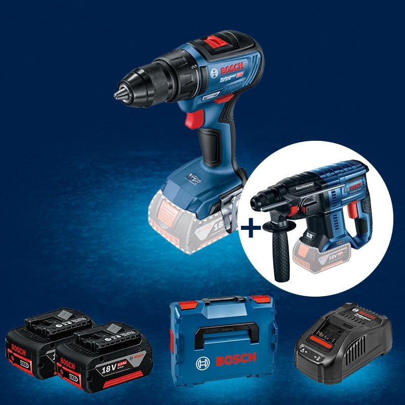 BOSCH GSR 18 V-50 Profesyonel 18 Volt 5 Ah Çift Akülü Delme Vidalama (Kömürsüz Motor) (L-Boxx İçerisinde) + BOSCH GBH 180-LI (Kömürsüz Motor -  2 Joule - Yeni Nesil) 18 Volt Akülü Kırıcı Delici (Solo Makina) (Karton Kutu İçerisinde)