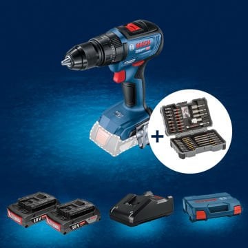 BOSCH GSB 18 V-50 Profesyonel 18 Volt 2.0 Ah Çift Akülü Darbeli Delme Vidalama (Kömürsüz Motor) (Plastik Çanta İçerisinde) + 43 Parça Bosch Vidalama Ucu Seti 0 615 990 M8K