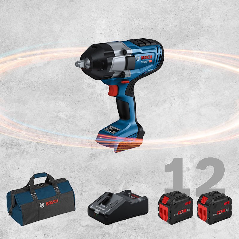 BOSCH GDS 18 V-1000 Profesyonel 1/2 Kare Girişli BITURBO Kömürsüz Motor 18 Volt ProCORE 12,0 Ah Çift Akülü Somun Sıkma (Bez Çanta İçerisinde)